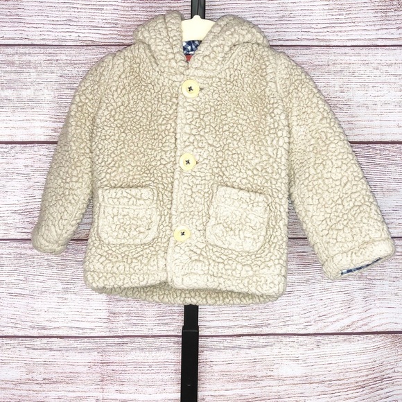 Baby Boden Brown Teddy Bear Sherpa Button Up Coat Size 6-12M - Picture 1 of 8